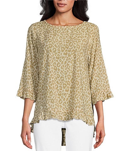 Multiples Crinkle Woven Leopard Print Scoop Neck 3/4 Sleeve Ruffled Fitted Top