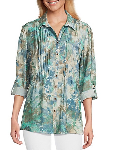 Multiples Crinkle Woven Printed Point Collar 3/4 Cinched Tab Cuff Sleeve Button Front Shirt