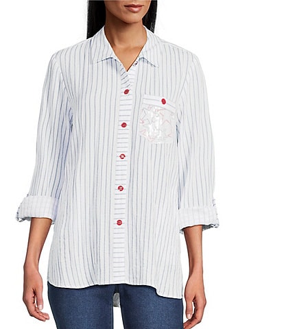 Multiples Crinkle Woven Stripe Printed Point Collar Long Roll-Tab Sleeve Hi-Low Hem Button-Front Shirt