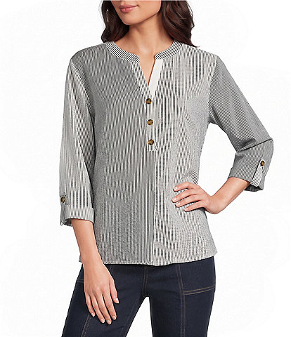 Multiples Crinkle Woven Stripe Y-Neck 3/4 Sleeve Button Front Top