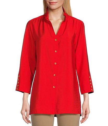 Multiples Crinkled Woven Wire Collar Y-Neck 3/4 Sleeve Button Front Shirt