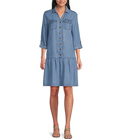 Multiples Denim Point Collar Rolled Tab 3/4 Sleeve Shirt Dress