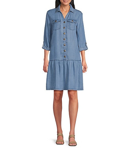 Multiples Denim Point Collar Rolled Tab 3/4 Sleeve Shirt Dress