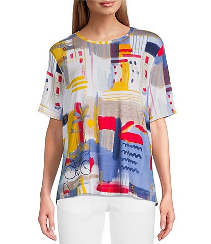 Multiples Embellished Printed Scoop Neck Short Sleeve Fitted Knit Top