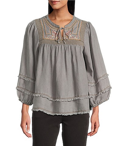 Multiples Embroidered Band Collar Smocked 3/4 Sleeve Fringe Hem Top