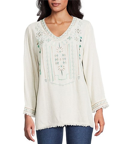 Multiples Embroidered Textured V-Neck 3/4 Sleeve Fringe Edge Top