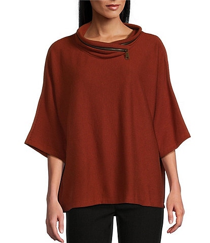 Multiples Faux-Zipper Trim Mock Neck 3/4 Dolman Sleeve Hi-Low Hem Sweater Knit Top