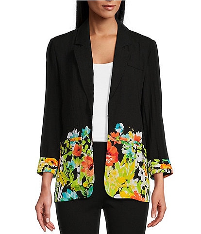 Multiples Floral Border Print Crinkle Woven Notch Lapel Collar 3/4 Sleeve Jacket