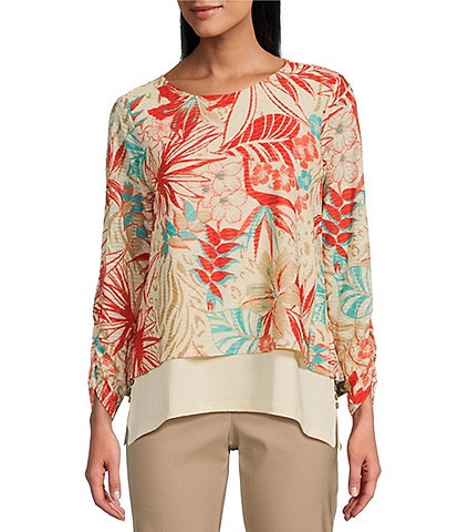 Multiples Floral Scoop Neck Long Sleeve Mesh Knit Layered Top