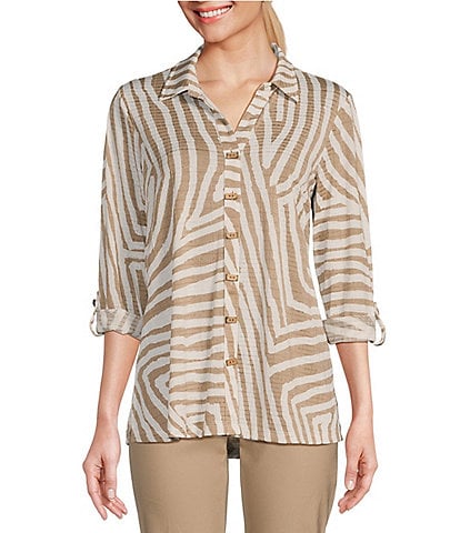 Multiples Jacquard Knit Zebra Print Point Collar Long Roll-Tab Sleeve Button-Front Shirt