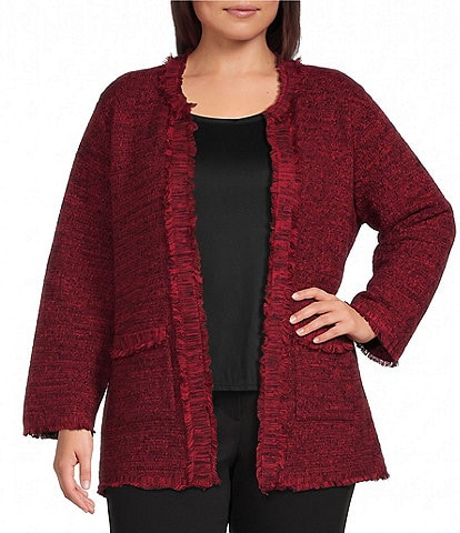 Multiples Plus Size Textured Knit Novelty Open Front 3/4 Sleeve Fringe Trim Open Front Jacket