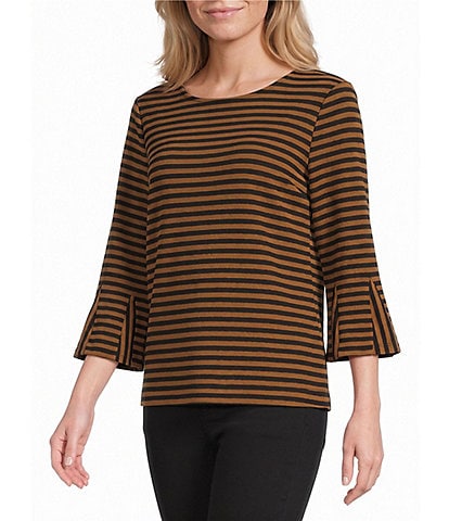 Multiples Knit Stripe Boat Neck 3/4 Sleeve Pullover Top