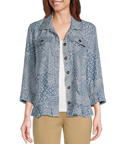 Multiples Lyocell Geometric Patchwork Print Ruffle Fringe Trim Button-Front Jean Jacket