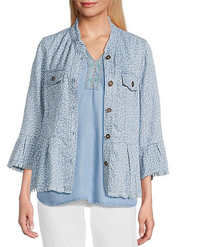 Multiples Lyocell Printed Point Collar 3/4 Flounce Sleeve Button Front Peplum Jacket