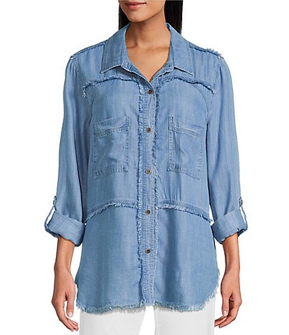 Multiples Lyocell Twill Point Collar Long Roll-Tab Sleeve Button-Front Fringed Shirt