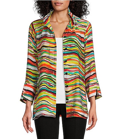 Multiples Multicolor Wave Print Stand Collar 3/4 Flounce Sleeve Button-Front Jacket