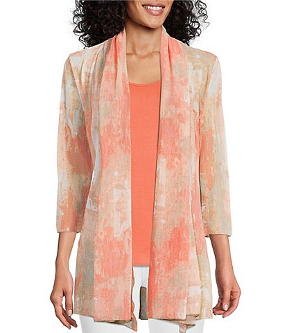Multiples Neutral Moire Print Onion Skin Draped Shawl Collar 3/4 Sleeve Open Front Jacket