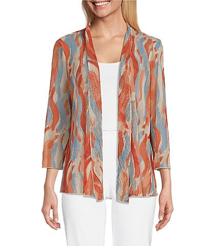 Multiples Onionskin Abstract Print 3/4 Sleeve Open-Front Jacket