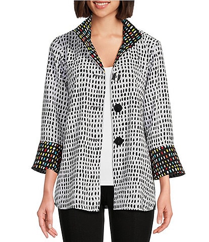 Multiples Petite Size Abstract Dot Print Bark Cloth Wire Collar 3/4 Flounce Sleeve Button-Front Jacket