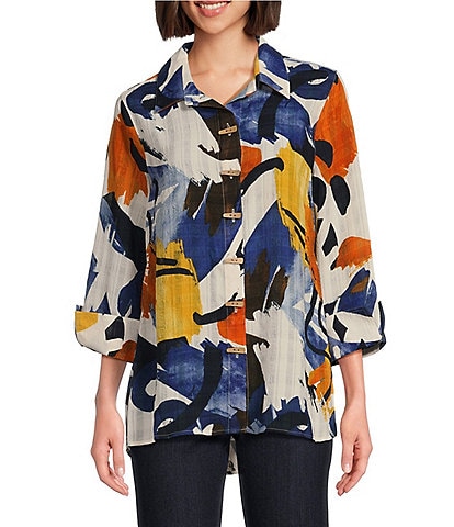 Multiples Petite Size Abstract Print Point Collar 3/4 Turn Up Cuff Sleeve Button-Front Hi-Low Shirt