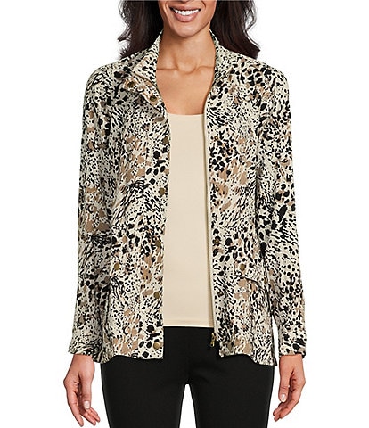 Multiples Petite Size Animal Print Stand Collar Long Roll-Tab Sleeve Snap-Front Jacket