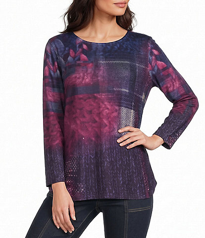 Multiples Petite Size Brushed Hatchi Crew Neck Long Sleeve Faux Button Back High-Low Top