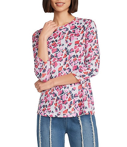 Multiples Petite Size Burnout Knit Scoop Neck 3/4 Sleeve Crinkle Paisley Print Top