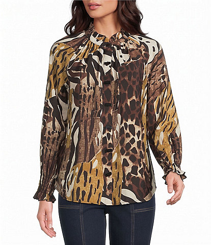 Multiples Petite Size Crinkle Animal Ruffle Collar Shirred Raglan Long Sleeve Button-Front Shirt