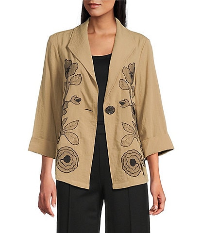 Multiples Petite Size Crinkle Woven Embroidered Floral Shawl Collar 3/4 Turn-Up Cuff Sleeve One Button-Front Jacket