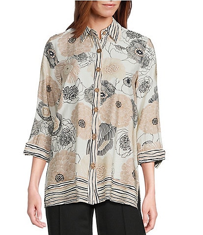 Multiples Petite Size Crinkle Woven Floral Border Print Point Collar 3/4 Turn-Up Sleeve Button-Front Shirt