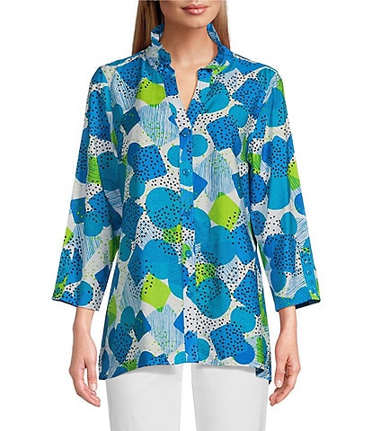 Multiples Petite Size Crinkle Woven Printed Collared V-Neck 3/4 Sleeve Button-Front Shirt