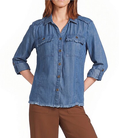 Multiples Petite Size Denim Collared Y-Neck Long Roll Tab Sleeve Fringe Hem Button Front Jacket