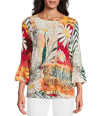 Multiples Petite Size Embellished Placed Multi Print Boat Neck 3/4 Flounce Sleeve Knit Top