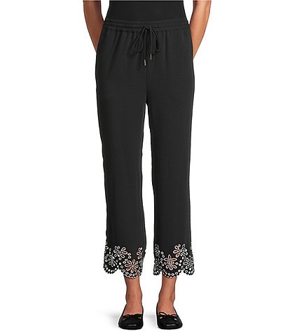 Multiples Petite Size Embroidered Scalloped Hem Pull-On Pants