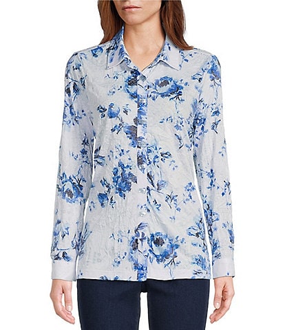 Multiples Petite Size Floral Print Crinkled Knit Point Collar Roll-Tab Sleeve High-Low Shirt