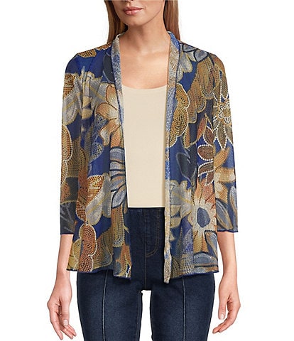 Multiples Petite Size Floral Print Onionskin 3/4 Sleeve Open-Front Jacket