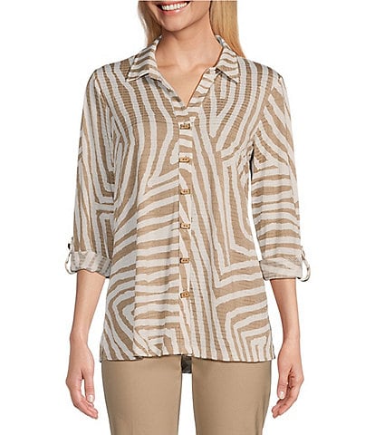 Multiples Petite Size Jacquard Knit Zebra Print Point Collar Long Roll-Tab Sleeve Button-Front Shirt