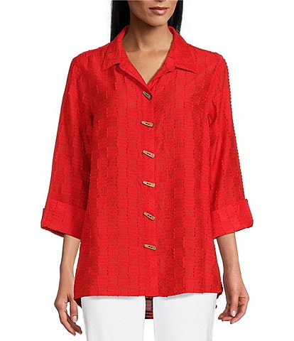 Multiples Petite Size Jacquard Point Collar 3/4 Sleeve Hi-Low Hem Button-Front Fitted Shirt