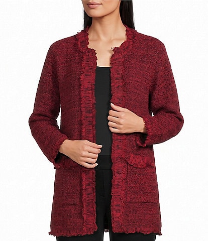 Multiples Petite Size Knit Textured Knit Novelty Open Front 3/4 Sleeve Fringe Trim Open Front Jacket