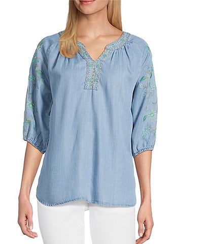 Multiples Petite Size Lyocell Embroidered Elbow Raglan Sleeve Notch Neck Band Collar Hi-Low Hem Top