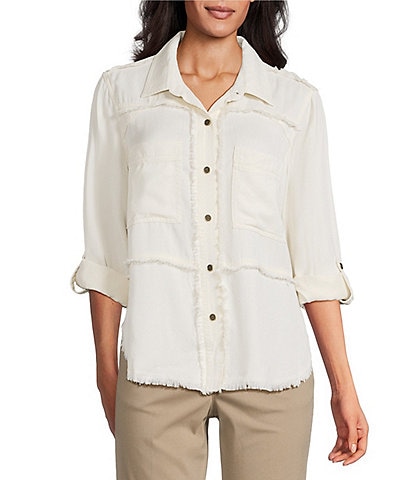 Multiples Petite Size Lyocell Twill Point Collar Long Roll-Tab Sleeve Button-Front Fringed Shirt
