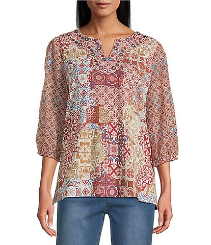 Multiples Petite Size Mixed Media Embroidered Split Neck 3/4 Georgette Sleeve Top