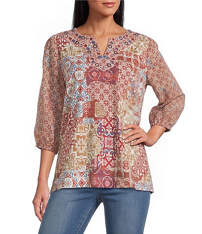 Multiples Petite Size Mixed Media Embroidered Split Neck 3/4 Georgette Sleeve Top