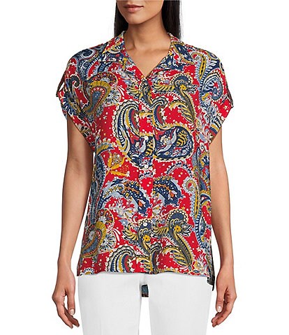 Multiples Petite Size Paisley Print Crinkled Woven Cuffed Short Sleeve Button Front High-Low Hem Shirt