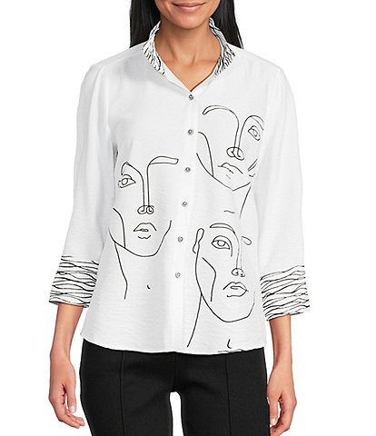 Multiples Petite Size Placement Print Wire Collar 3/4 Sleeve Button Front Shirt
