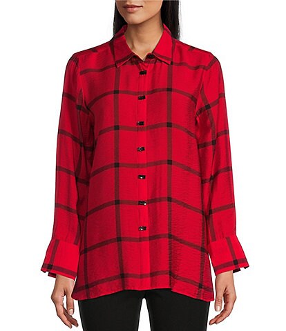 Multiples Petite Size Plaid Print Crinkle Woven Long Sleeve High-Low Button Front Shirt