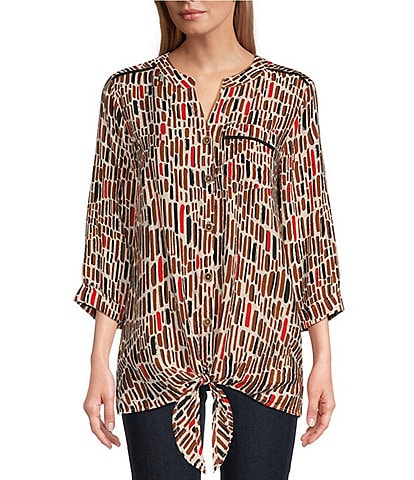 Multiples Petite Size Printed Band Split Neck 3/4 Sleeve Button Down Tie-Front Top