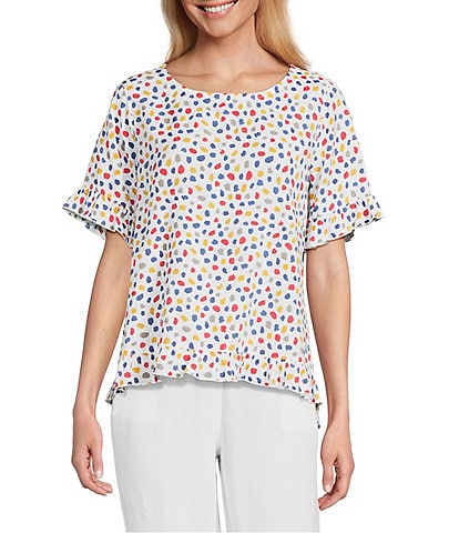 Multiples Petite Size Printed Slub Crinkle Scoop Neck 3/4 Sleeve Hi-Low Hem Ruffle Top