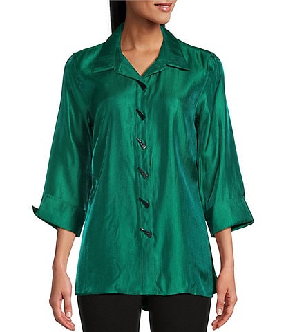 Multiples Petite Size Shimmer Woven Point Collar 3/4 Turn-Up Cuff Sleeve Hi-Low Hem Button Front Shirt