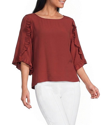 Multiples Petite Size Slub Crinkle Woven Scoop Neck 3/4 Ruffle Sleeve